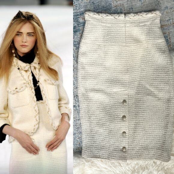 CHANEL 07A Skirt FR 40 | Cream Wool Tweed, Gold Chain Waist, Silk Lined, NWT - Picture 2 of 16